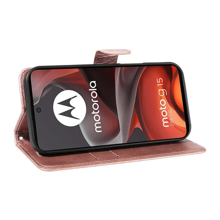 For Motorola Moto G15 4G Case Solid Color Leather Mobile Cover Wallet Stand with Strap