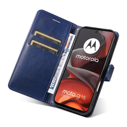 For Motorola Moto G15 4G Case Solid Color Leather Mobile Cover Wallet Stand with Strap