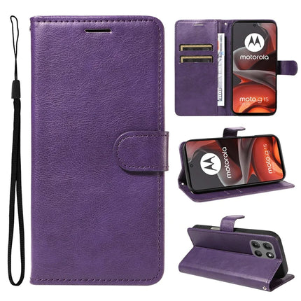 For Motorola Moto G15 4G Case Solid Color Leather Mobile Cover Wallet Stand with Strap - Purple