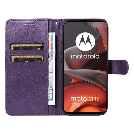 For Motorola Moto G15 4G Case Solid Color Leather Mobile Cover Wallet Stand with Strap