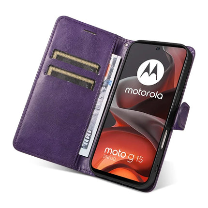 For Motorola Moto G15 4G Case Solid Color Leather Mobile Cover Wallet Stand with Strap