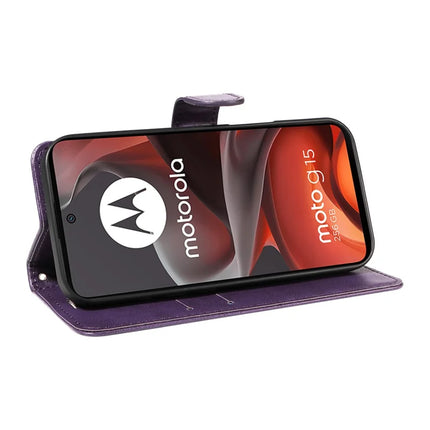 For Motorola Moto G15 4G Case Solid Color Leather Mobile Cover Wallet Stand with Strap