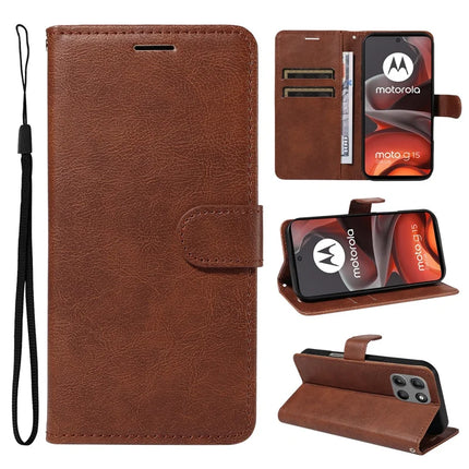 For Motorola Moto G15 4G Case Solid Color Leather Mobile Cover Wallet Stand with Strap - Brown