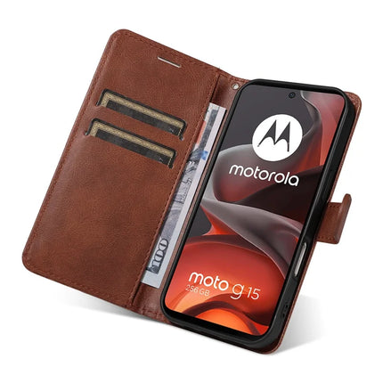 For Motorola Moto G15 4G Case Solid Color Leather Mobile Cover Wallet Stand with Strap