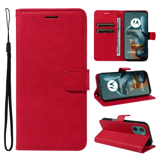 For Motorola Moto G05 4G Case Solid Color Leather Mobile Cover Wallet Stand with Strap - Red