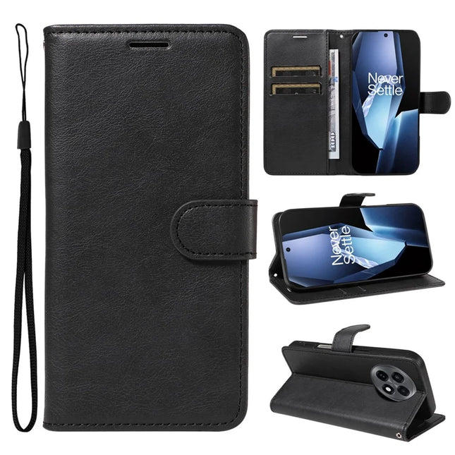 For OnePlus 13R 5G Case Solid Color Leather Mobile Cover Wallet Stand with Strap - Black