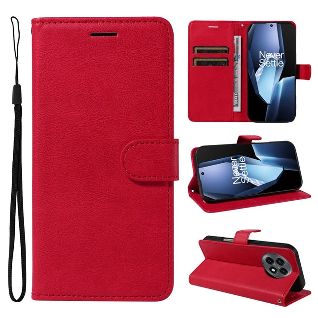 For OnePlus 13R 5G Case Solid Color Leather Mobile Cover Wallet Stand with Strap - Red