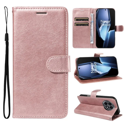 For OnePlus 13R 5G Case Solid Color Leather Mobile Cover Wallet Stand with Strap - Rose Gold