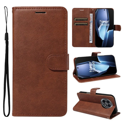 For OnePlus 13R 5G Case Solid Color Leather Mobile Cover Wallet Stand with Strap - Brown