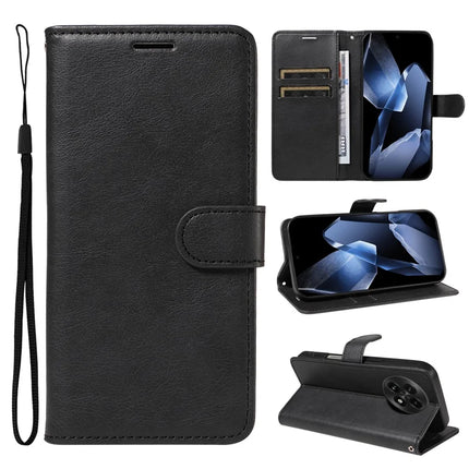 For OnePlus 13 Case Solid Color Leather Mobile Cover Wallet Stand with Strap - Black