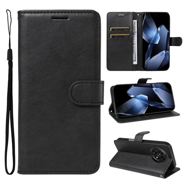 For OnePlus 13 Case Solid Color Leather Mobile Cover Wallet Stand with Strap - Black