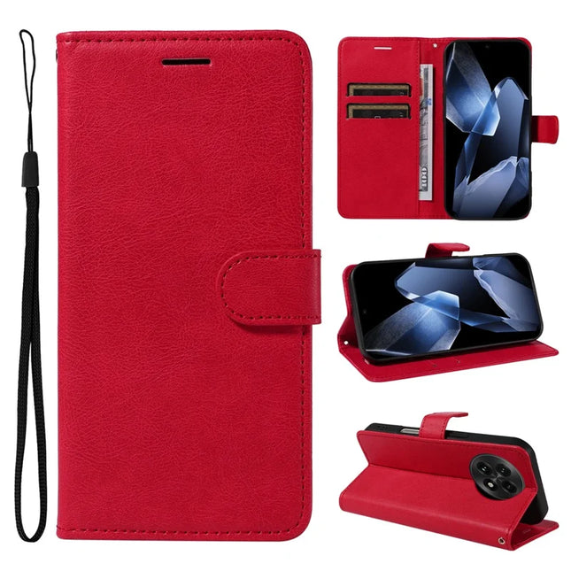 For OnePlus 13 Case Solid Color Leather Mobile Cover Wallet Stand with Strap - Red