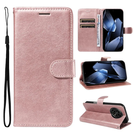 For OnePlus 13 Case Solid Color Leather Mobile Cover Wallet Stand with Strap - Rose Gold