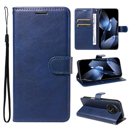 For OnePlus 13 Case Solid Color Leather Mobile Cover Wallet Stand with Strap - Blue