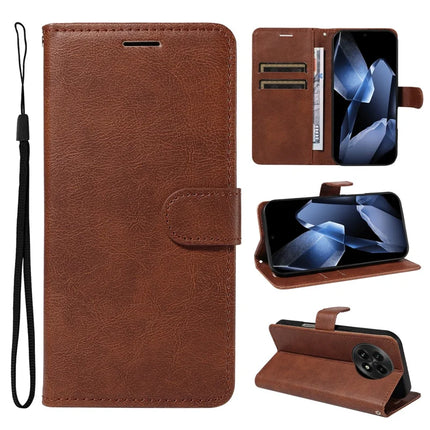 For OnePlus 13 Case Solid Color Leather Mobile Cover Wallet Stand with Strap - Brown