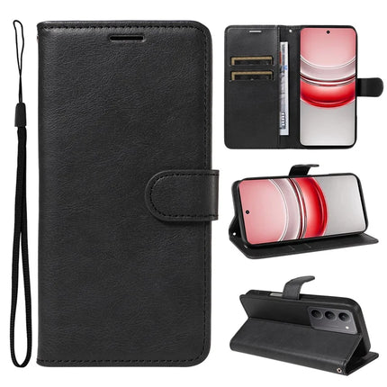 For Realme C75 Case Solid Color Leather Mobile Cover Wallet Stand with Strap - Black