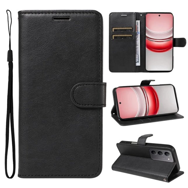 For Realme C75 Case Solid Color Leather Mobile Cover Wallet Stand with Strap - Black