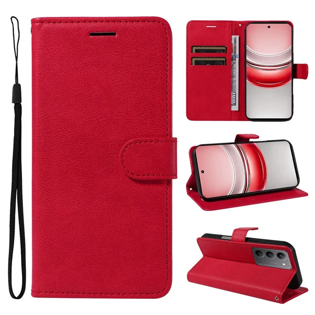 For Realme C75 Case Solid Color Leather Mobile Cover Wallet Stand with Strap - Red