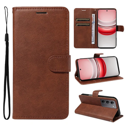 For Realme C75 Case Solid Color Leather Mobile Cover Wallet Stand with Strap - Brown