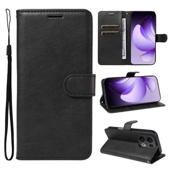 For Oppo Reno13 Pro 5G Case Solid Color Leather Mobile Cover Wallet Stand with Strap - Black