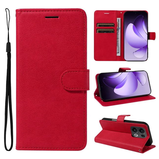 For Oppo Reno13 Pro 5G Case Solid Color Leather Mobile Cover Wallet Stand with Strap - Red