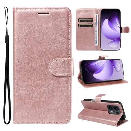 For Oppo Reno13 Pro 5G Case Solid Color Leather Mobile Cover Wallet Stand with Strap - Rose Gold