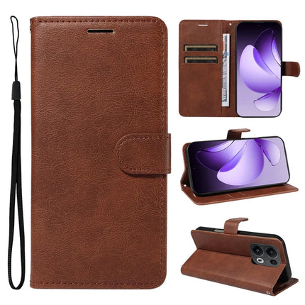 For Oppo Reno13 Pro 5G Case Solid Color Leather Mobile Cover Wallet Stand with Strap - Brown