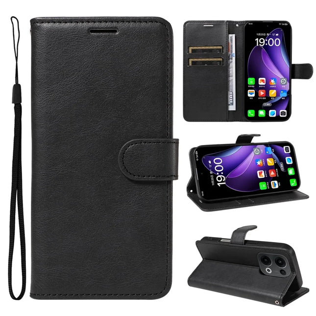 For Oppo Reno13 5G (Global) Case Solid Color Leather Mobile Cover Wallet Stand with Strap - Black