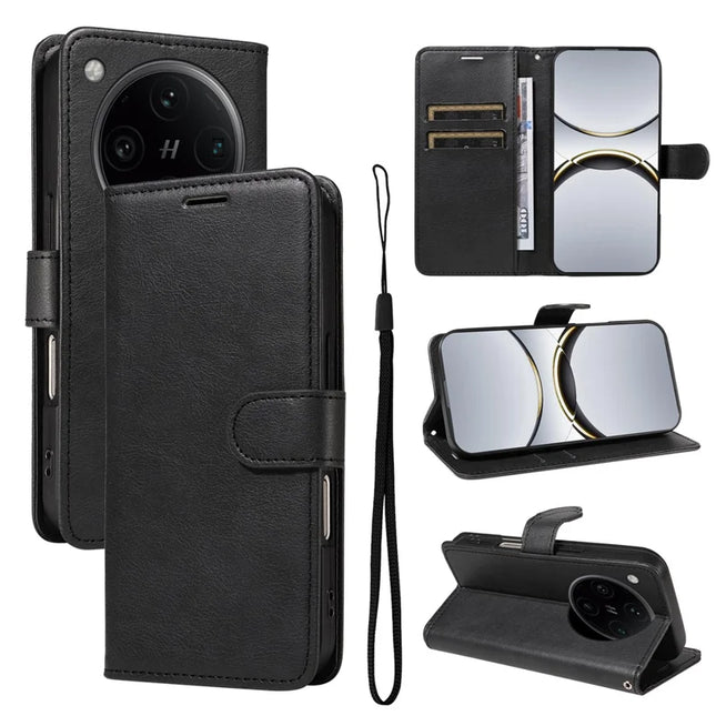 For Oppo Find X8 Pro 5G Case Solid Color Leather Mobile Cover Wallet Stand with Strap - Black
