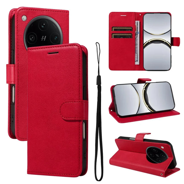 For Oppo Find X8 Pro 5G Case Solid Color Leather Mobile Cover Wallet Stand with Strap - Red
