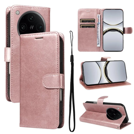 For Oppo Find X8 Pro 5G Case Solid Color Leather Mobile Cover Wallet Stand with Strap - Rose Gold