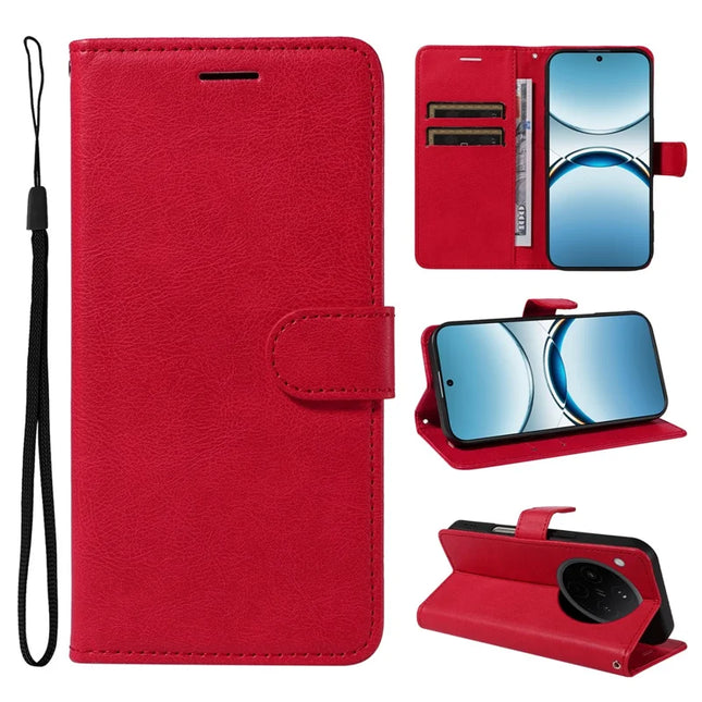 For Oppo Find X8 5G Case Solid Color Leather Mobile Cover Wallet Stand with Strap - Red