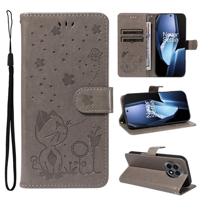 For OnePlus 13R 5G Leather Wallet Case Cat Bee Pattern Phone Cover Stand - Grey