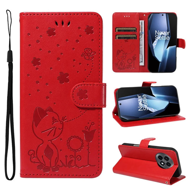 For OnePlus 13R 5G Leather Wallet Case Cat Bee Pattern Phone Cover Stand - Red