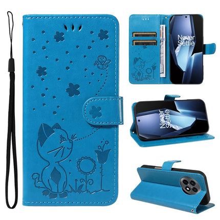 For OnePlus 13R 5G Leather Wallet Case Cat Bee Pattern Phone Cover Stand - Blue