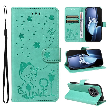 For OnePlus 13R 5G Leather Wallet Case Cat Bee Pattern Phone Cover Stand - Green