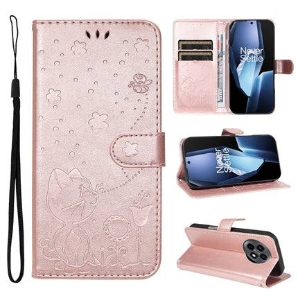 For OnePlus 13R 5G Leather Wallet Case Cat Bee Pattern Phone Cover Stand - Rose Gold