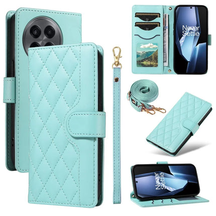 For OnePlus 13R 5G Wallet Case Rhombus Leather Phone Cover with Strap - Green