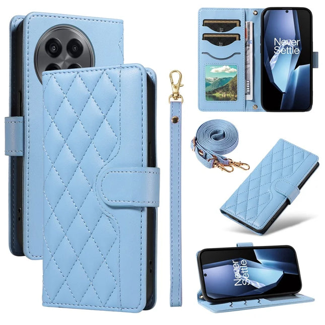 For OnePlus 13R 5G Wallet Case Rhombus Leather Phone Cover with Strap - Blue