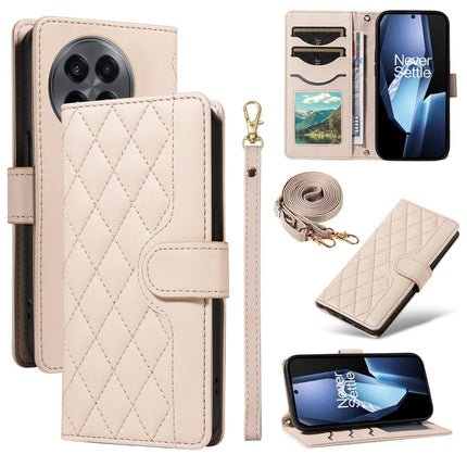 For OnePlus 13R 5G Wallet Case Rhombus Leather Phone Cover with Strap - Apricot