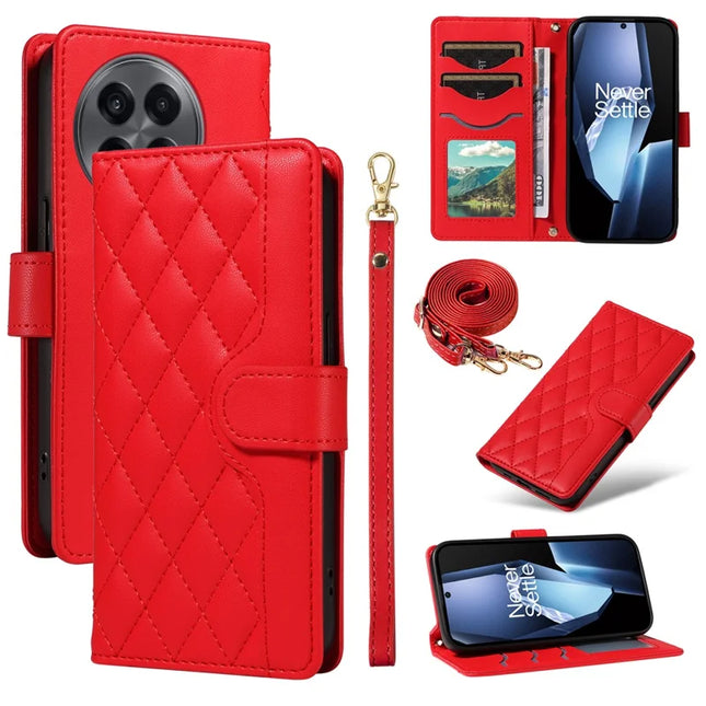 For OnePlus 13R 5G Wallet Case Rhombus Leather Phone Cover with Strap -  Red