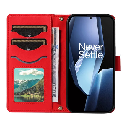 For OnePlus 13R 5G Wallet Case Rhombus Leather Phone Cover with Strap -  Red
