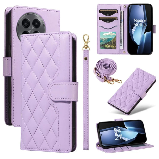 For OnePlus 13R 5G Wallet Case Rhombus Leather Phone Cover with Strap -  Light Purple