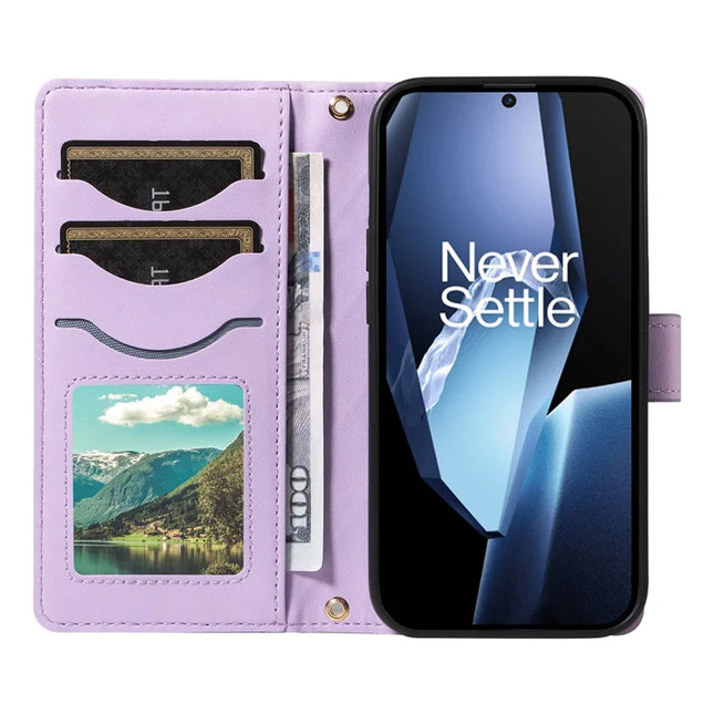 For OnePlus 13R 5G Wallet Case Rhombus Leather Phone Cover with Strap -  Light Purple
