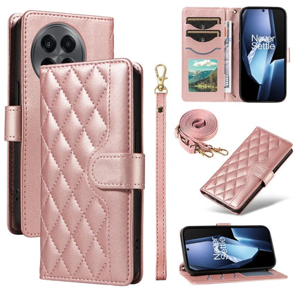 For OnePlus 13R 5G Wallet Case Rhombus Leather Phone Cover with Strap -  Rose Gold