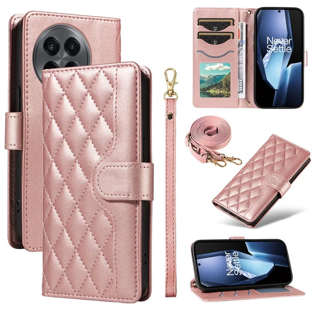 For OnePlus 13R 5G Wallet Case Rhombus Leather Phone Cover with Strap -  Rose Gold
