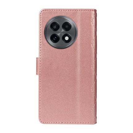 For OnePlus 13R 5G Wallet Case Rhombus Leather Phone Cover with Strap -  Rose Gold