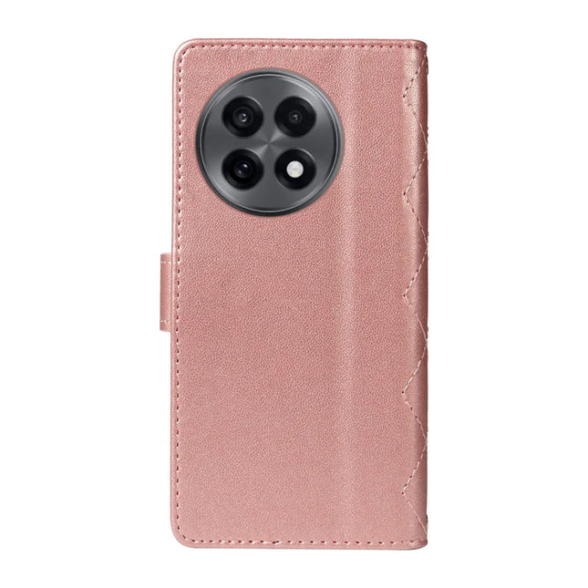 For OnePlus 13R 5G Wallet Case Rhombus Leather Phone Cover with Strap -  Rose Gold