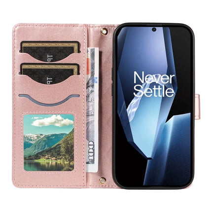 For OnePlus 13R 5G Wallet Case Rhombus Leather Phone Cover with Strap -  Rose Gold