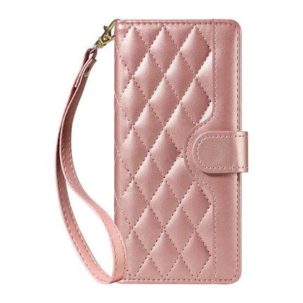 For OnePlus 13R 5G Wallet Case Rhombus Leather Phone Cover with Strap -  Rose Gold